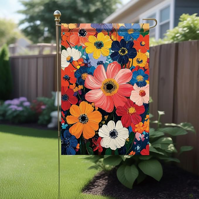 Garden Flag Colorful Flower Field Oil Painting Style Yard Welcome Banner Double Sided Spring Summer Outdoor Decoration for Lawn Patio Artistic Floral Seasonal Garden Decor 12 x 18 Inch