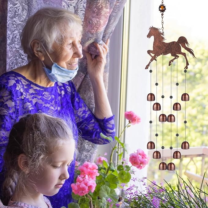 24 Inch Metal Wind Chimes Decor for Outside Garden Birthday Gift for Women Men Bronze Windchimes Pet Memorial Gift with 12 Bell for Patio Yard Lawn Housewarming Front Yard(Horse)