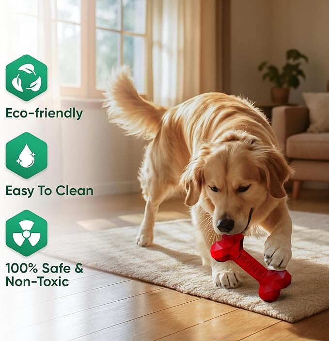 Natural Rubber Dog Chew Bone – Treat-Dispensing, Tough & Indestructible Chew Toy – Safe for Aggressive Chewers – Dental Health & Boredom Relief – (Red)