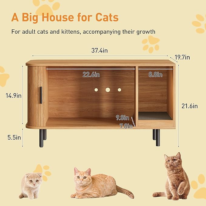 Cat Litter Box Enclosure with Cat Scratch Pad, Sliding Door, 37.4" Litter Box Enclosure Furniture Hidden Litter Box, Modern Indoor Cat House, TV Stand, Side End Table for Living Room, Natural