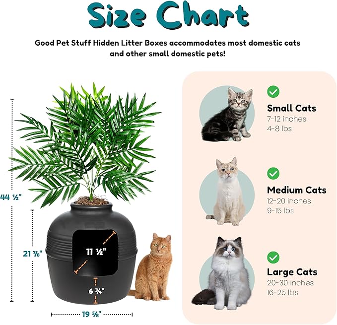 Good Pet Stuff Hidden Litter Box Planter, Decorative Cat Litter Enclosure with Carbon Filter, Artificial Plant, Easy Clean, Indoor Design, Original Round Style, Base Kit, Black Suede
