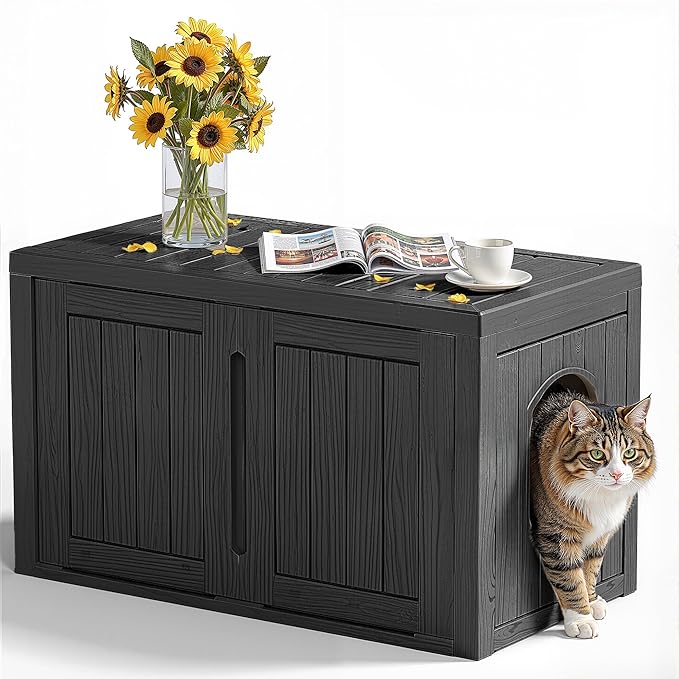 Cat Litter Box Enclosure,Multi-Functional Hidden Litter Box Furniture Cabinet with Adjustable Partition & Side End Table, Indoor Outdoor Cat House with Double Doors,Easy to Clean & Assemble, Black