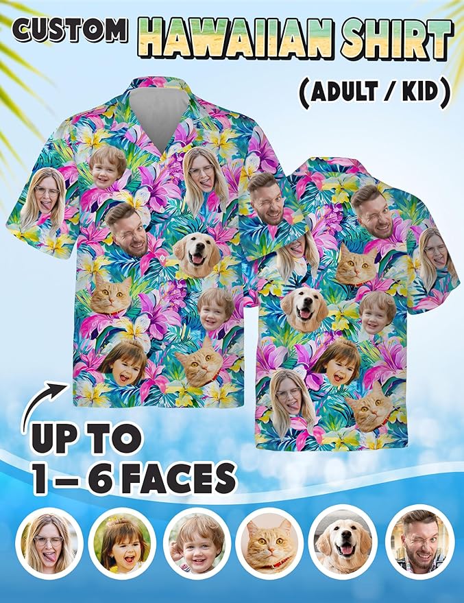 Custom Hawaiian Shirt with Face Photo Picture for Men Women Kids Youth Adult, Tropical Personalized Hawaiian Shirts Gift