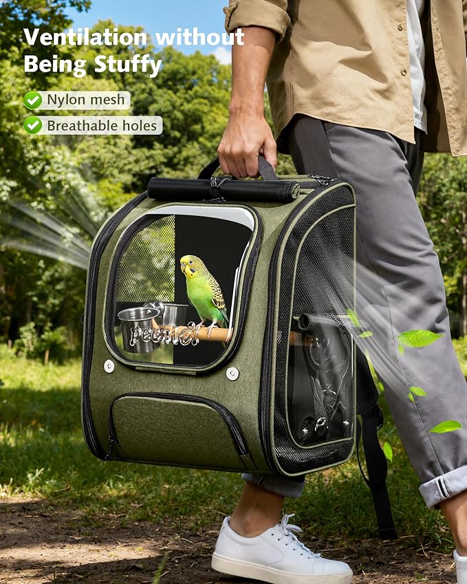Pecute Bird Backpack Carrier for Small Birds,Cockatiel,Parrot,Bird Carrier with Standing Perch,Comfy Mat&Transparent Window, Breathable Bird Backpack for Vet Visit,Shopping and Outdoor Adventure,Green