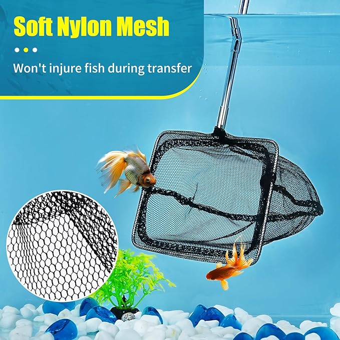 AQUANEAT Aquarium Net with Extendable Long Handle, Adjustable Wastes Skimming Cleaning Tools for Fish Tanks, 5 inch