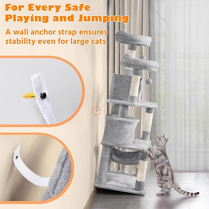 Yaheetech 62.5inches Cat Tree Cat Tower Cat Condo with Platform & Hammock, Scratching Posts for Kittens Pet Play House with Plush Perch for Indoor Activity Relaxing, Light Gray