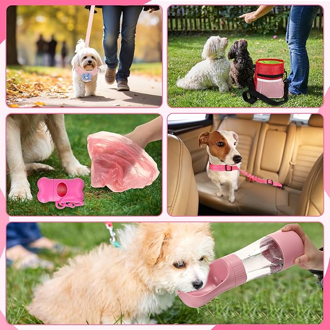 Abbylike 50 Pcs Puppy Supplies Starter Kit for Small Dogs Puppy Essentials Includes Leash, Bowls, Teeth Brushes, Water Bottle, and More Accessories for Dogs Pet Day Welcome Gift(Pink)