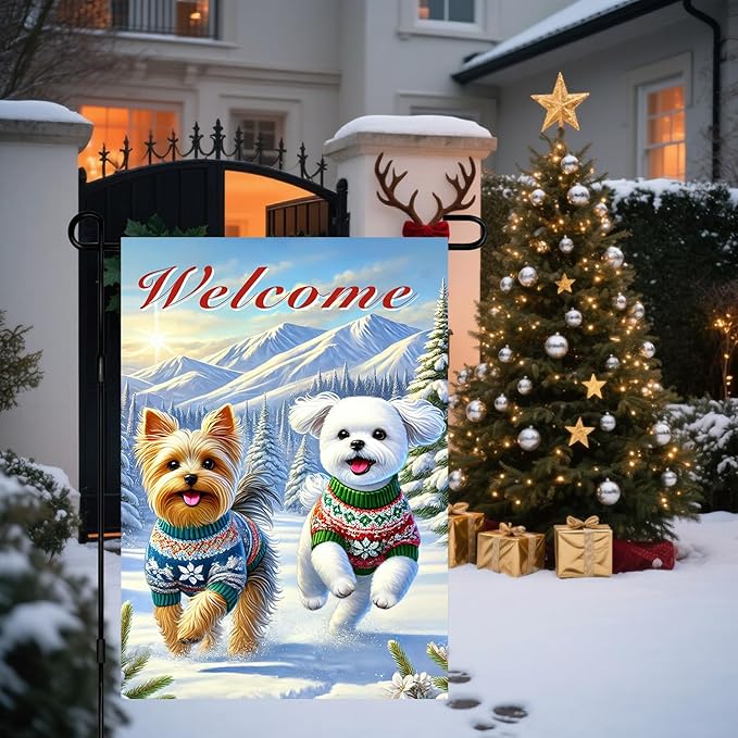 Welcome Winter Garden Flag Two Cheerful Dogs Flag Winter Sweaters 12x18 Inch Double Sided Outdoor Banner For Front Yard Porch Lawn Patio Seasonal Home Decor Pet Animal Outside