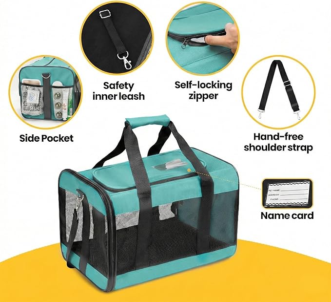 Cat Carrier Airline Approved, Soft-Sided Dog Carrier with Inner Safety Leash, Pet Transport Carrier for Small-Medium Cats Puppies up to 15 Lbs,Travel Kitten Carrier Bag -Turquoise,M