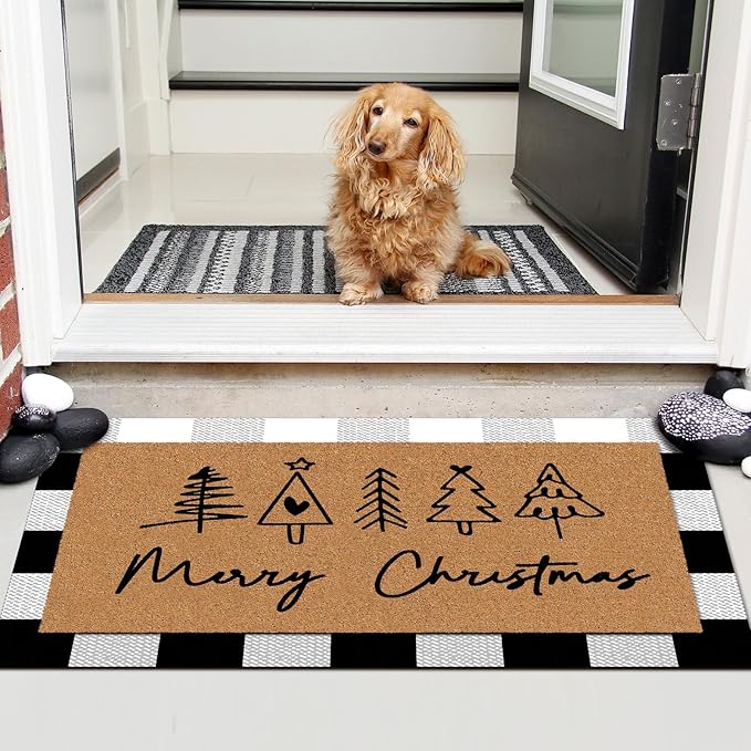 Tinideya 2 Pcs Door Mat Welcome Non Slip Coir Mats Floor Layering Doormats Seasonal for Front Porch Entryway Decor(Christmas)