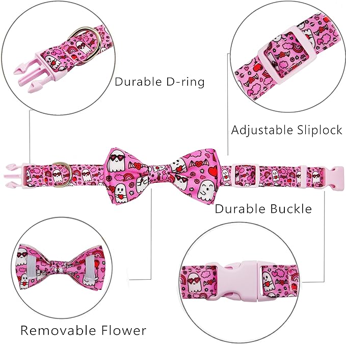 Valentine’s Day Dog Collar Adjustable Puppy Collar with Pink Heart and Flowers Pattern, Cute Pet Accessories for Small Medium Large Dogs