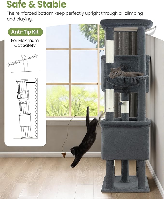Extra Large Cat Tree, 84 Inch XXL Giant Cat Tower for Indoor Cats Large Adult 20lb+, Multi-Level Cat Climbing Condo with 5 Scratching Posts, 3 Wide Platform Perches, 2 Baskets, 2 Cat Caves, Dark Grey