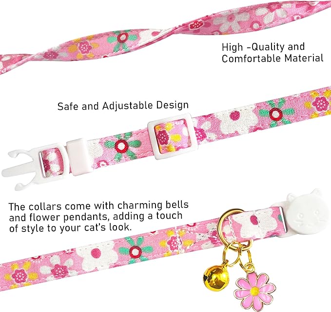 2 Pack Cotton Breakaway Cat Collars Set with Bell and Flower Pendant, Cute Floral Fruit Patterned, Adjustable 7.5-11Inch, Include A Mouse Toy Gift (Flower+Geometry)