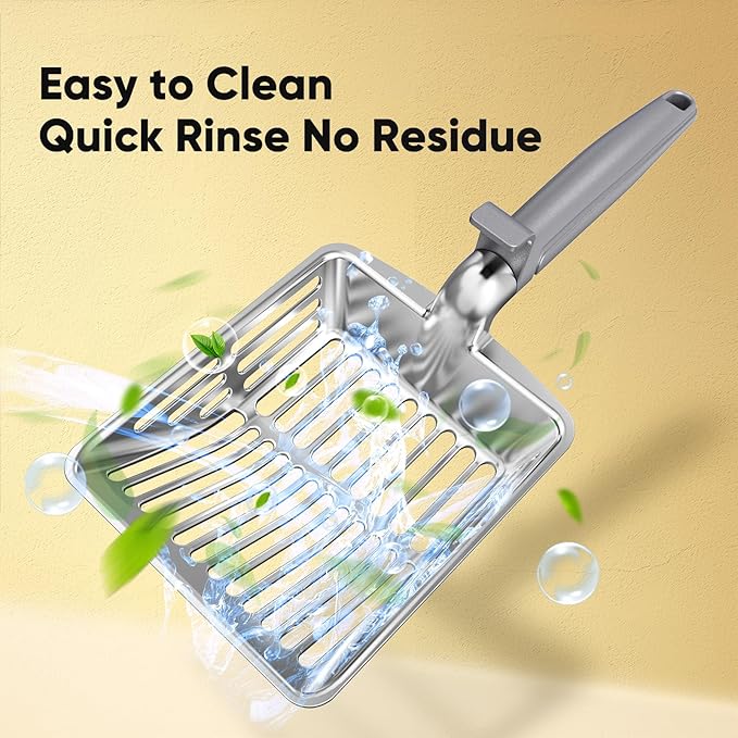 Metal Cat Litter Scoop, Large Cat Scooper with Deep Shovel & Dual Sifting Holes for Fast & Precise Sifting, Space Aluminum Kitty Litter Scooper with Long Handle & Easy-to-Hang Hook - Grey