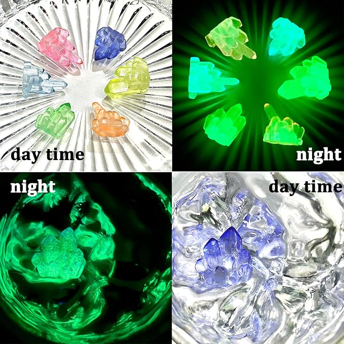 MIUPOO Glow Crystal,Betta Stones,Glow in The Dark Crystal,Bonsai Decor,Chips Stone Small Decorative,Fish Tank Decor,6 Colors,12 Pieces.