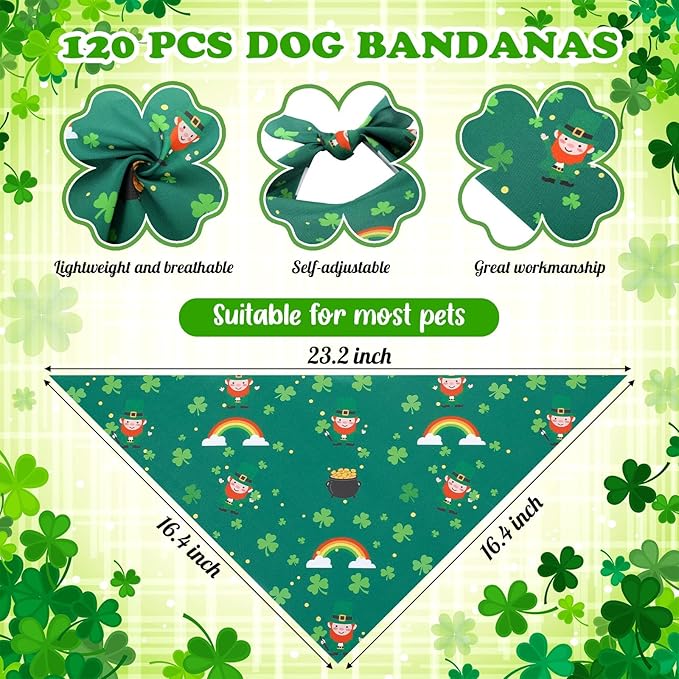 Youyole 120 Pcs Dog St. Patrick's Day Bandana Bulks Shamrocks Dog Bandanas Green Pet Scarf Soft Cat Triangle Scarfs Pet Bandana Green Hat Gnome Bibs for Small and Medium Breed