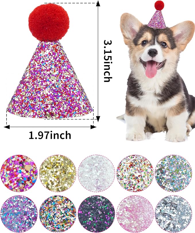 PET SHOW 10 Pack Mini Small Dog Hats with Sequins Puppy Birthday Party Hats Cats Adjustable Holiday Hats Headband Kitten Hats Pet Grooming Costume Accessories
