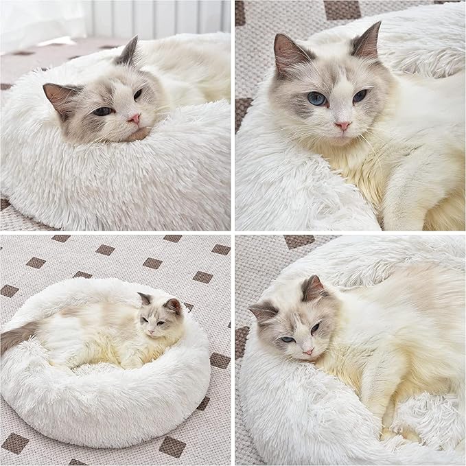 Cat Beds for Indoor Cats - Cat Bed Washable 24 inches, Dog Beds for Small Medium Dogs, Anti Anxiety Round Fluffy Plush Faux Fur Pet Bed, Thick Bottom