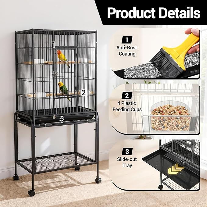 53 Inch Bird Cage with Wooden Perches, Standing Wrought Iron Birdcage with Wheels, Large Parrot Cage Bird Cages with Slide-Out Tray Water Bottle Feeder for Parakeets,Cockatiel, Canary,Pigeons