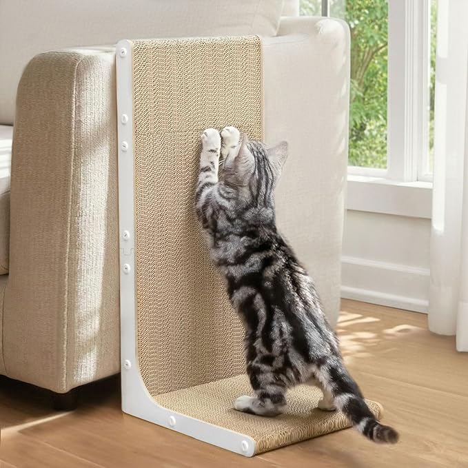 Cat Scratcher Lounge, 23 Inch L-Shaped Cat Scratch Pad, Vertical & Horizontal Scratching 1.2" Thick Cardboard with Fun DIY Stickers, Durable, Eco-Friendly