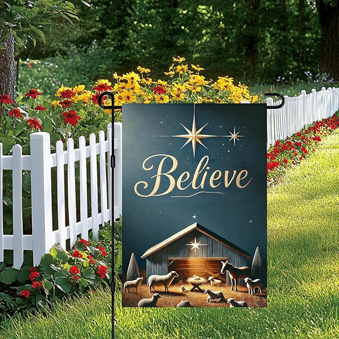 Christmas Nativity Garden Flag 12x18 Double Sided Believe Starry Night Stable Yard Flag Gold Text Blue Background Winter Outdoor Garden Decor Lawn Porch Patio Holiday Banner