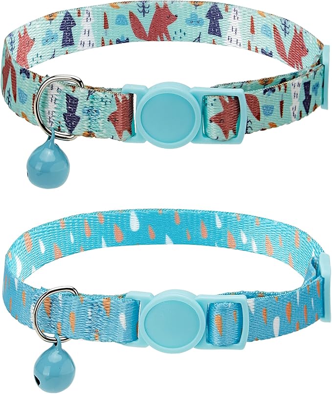 SOLMOONY Cute Cat Collar for Girl Boy,Colorful Breakaway Cat Collars with Bell 2 Pack，Adjustable Printed Nylon with Safety Buckles Kitten Collar (Fox)