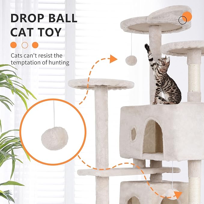 70 Inch Beige Cat Tree, Tall Cat Tower with 2 Condos, 3 Scratching Posts, Multi-Level Platforms - Sturdy Climbing Structure Tall Cat Tower for Indoor Cats