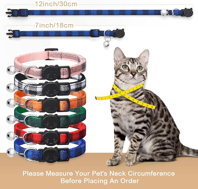 6 Pack Classic Plaid Cat Collars with Bells - Breakaway Kitten Collar and Adjustable 6-9 in,Cute Kitty Collar for Girl Boy Cats,Pet Gifts,Accessories,Supplies,Stuff