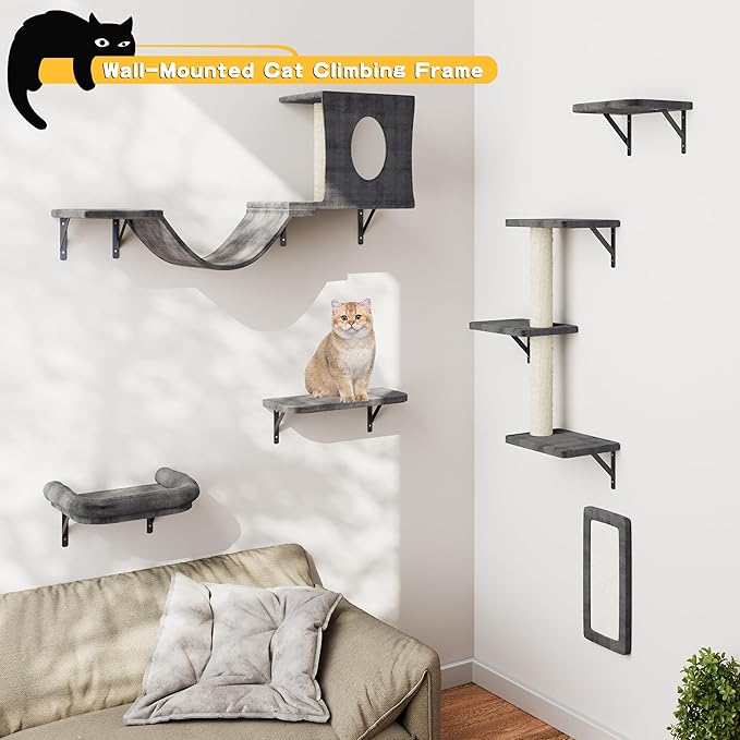 NUNU LAB Wall Mounted Cat Furniture Set - 6 Pcs Climber Set with House, Bridge, Steps, Scratcher Board - DIY Walls Playground, Indoor Cat Shelves - Dark