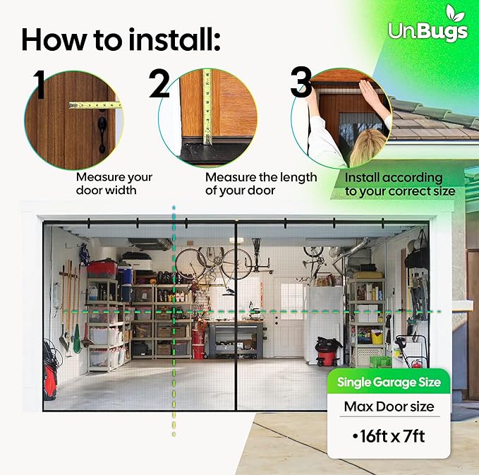 UnBugs Garage Screen Doors for 2 Car Garage - Fits Double Garage Doors up to 16 Feet Wide x 8 Feet Tall MAX- Pet & Kid Friendly, Self-Closing - Hands Free Magnet Closure Keeps Bugs Out & Breeze in