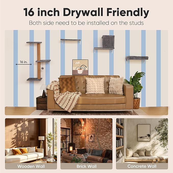 FUKUMARU Cat Wall Shelves, Stable & Safe 4 in 1 Cat Wall Mounted Furniture Set, Wooden Climbing Tree with Scratching Post for 16 Inch Drywall - Gray