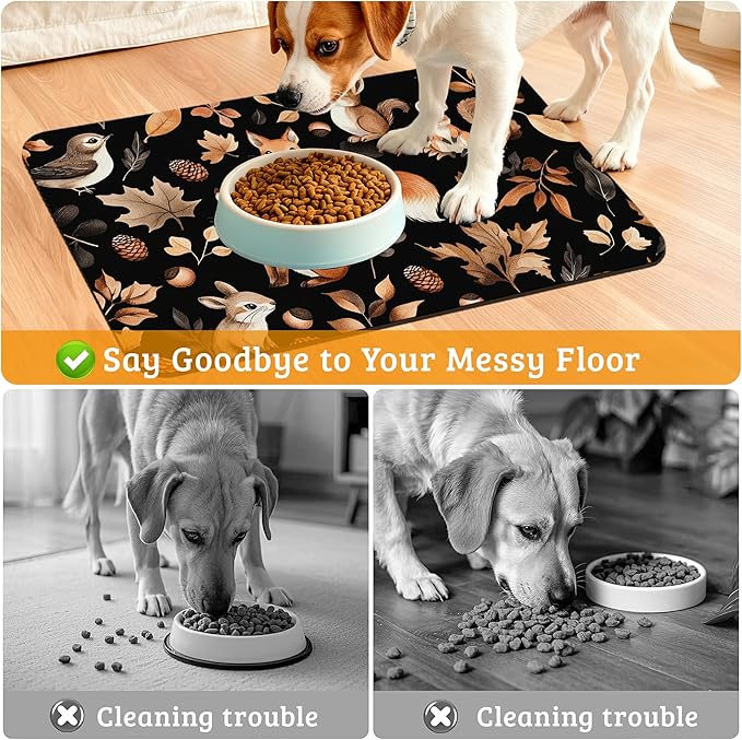 Cute Squirrel Dog Cat Food Mat,Bird Fox Absorbent Waterproof Placemat for Food and Water Non Slip Rubber Backing Durable Feeding Pad for Clean Floors 12" x 20"