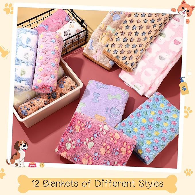 Tatuo 12 Pieces Puppy Blanket Warm Cat Dog Sleep Mat Pet Kitten Fleece Doggy Blankets with Cute Dog Paw Bone Star Elephant Patterns Printed Fluffy Blanket for Small Cat Puppy (41 x 30 Inch)