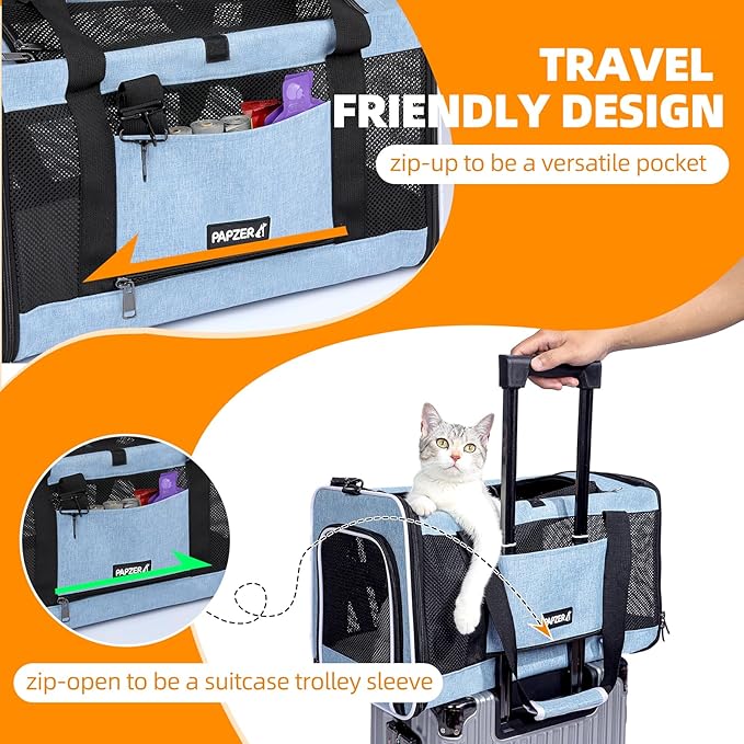 Cat Carrier Soft-Sided Travel Bag for Medium to Large Cats Over 15lbs, Small Dog Carrier Crate Top Entry Breathable Mesh Puppy 12 Pounds, Pet Rabbit Carrying Cage Kennel Collapsible Blue