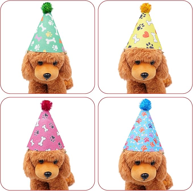 6pcs Dog Birthday Party Hats Felt for Large XL XXL Giant Breed Dogs Paw Bone Print with Pompons for Holiday Birthday Wedding Costume Head Wear Accessories