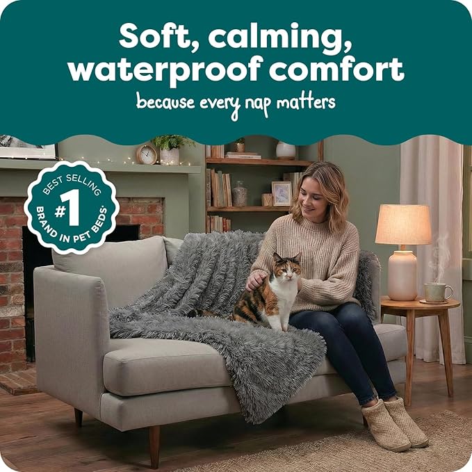 Furhaven Waterproof Throw Blanket for Dogs & Indoor Cats, Washable - Shaggy Plush Calming Long Faux Fur & Velvet Dog Blanket - Gray, Medium
