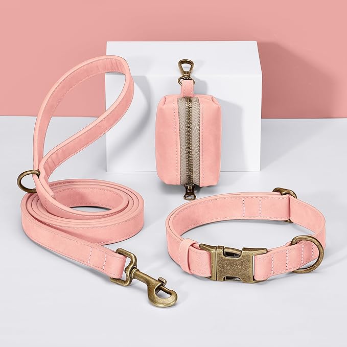 Didog Soft PU Leather Dog Collar, Stylish Quick Released Dog Collars for Medium Dogs, Easy Clean Adjustable Pet Collar for Daily Walking, Pink, M Fit 13-21" Neck