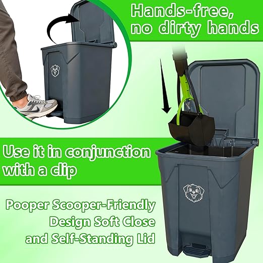 Dog Poop Outdoor Trash Can with Lid 20L/5Gal - Pedal & Removable Inner Bin, 200 Waste Bags + 1 Green Long Handle Pooper Scooper