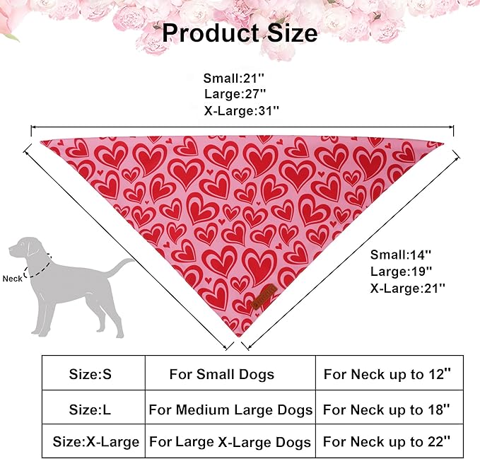 ADOGGYGO Valentine Dog Bandanas 2 Pack, Reversible Heart Love Print Pet Scarf, Premium Fabric, Adjustable Fit Pink Red Valentine Bandanas for Extra Large Dogs (X-Large)