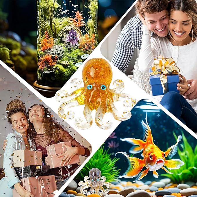 Natural Crystal Gravel Octopus Resin Marine Animals Fish Tank Decorative Ornaments Octopus Statue Healing Crystal Home Decor Ladies Gift 3.93" (Yellow, 3.93")
