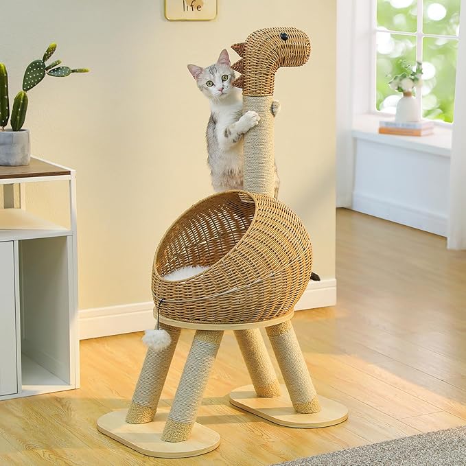 PAWZ Road Modern Cat Tree 46” Cat Dinosaur Tower with Scratching Post, Large Rattan Cats House in 18” Diameter, Wicker Cats Bed with Removable Mat
