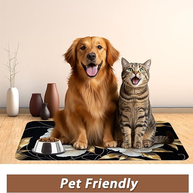 White Flowers Pet Feeding Mat,Glitter BloomingAbsorbent Quick-Dry Cat Dog Food and Water Bowl Mats,Non-Slip Rubber Backing Mat,Cat Dog Accessories Supplies 16"x24"
