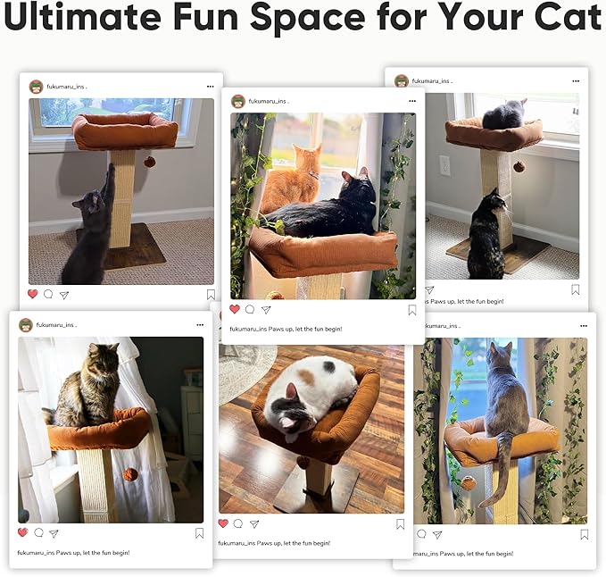 FUKUMARU Cat Scratching Post, Retro-Style Tall Scratch Posts with Perch for Infoor Cats Adults, Large Cat Scratcher Tower with Bed, Natural Sisal & Solid Wood