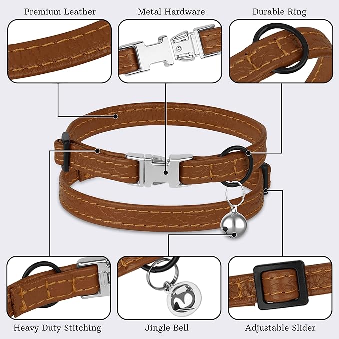 Leather Cat Collar with Buckle and Removable Bell - Non Breakaway Adjustable Soft Safety Small Pet Collars for Girl Boy Cats Kitten (Brown)