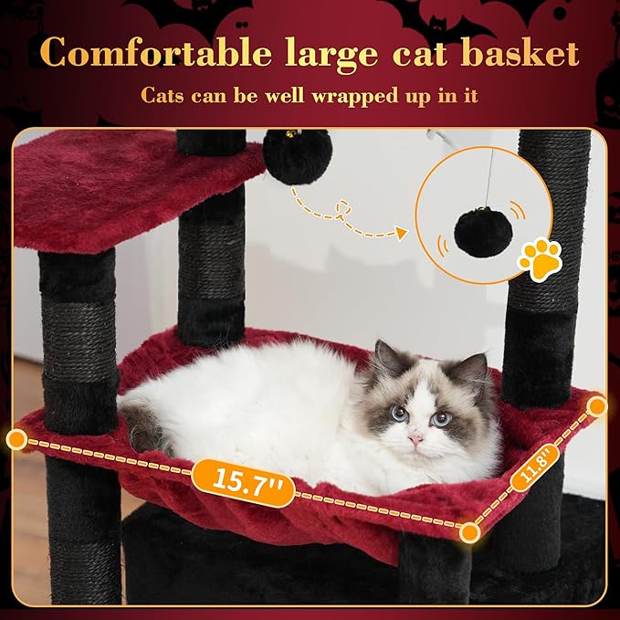 Heybly Cat Tree, Kitten Tower with Large Soft Cat Basket, Cat Condo with Spacious Cat Bed Cave with Hidden Space, Sisal-Covered Scratching Posts, Dangling Ball for Indoor Cats, Black and Red HCT008SBR