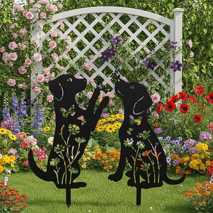 Metal Dog Garden Decor for Outside 2 Pack, 17" Puppy Decorative Garden Stakes, Black Dog Silhouette Outdoor Decor, Pet Yard Art, Weather Resistant Steel Yard Decor