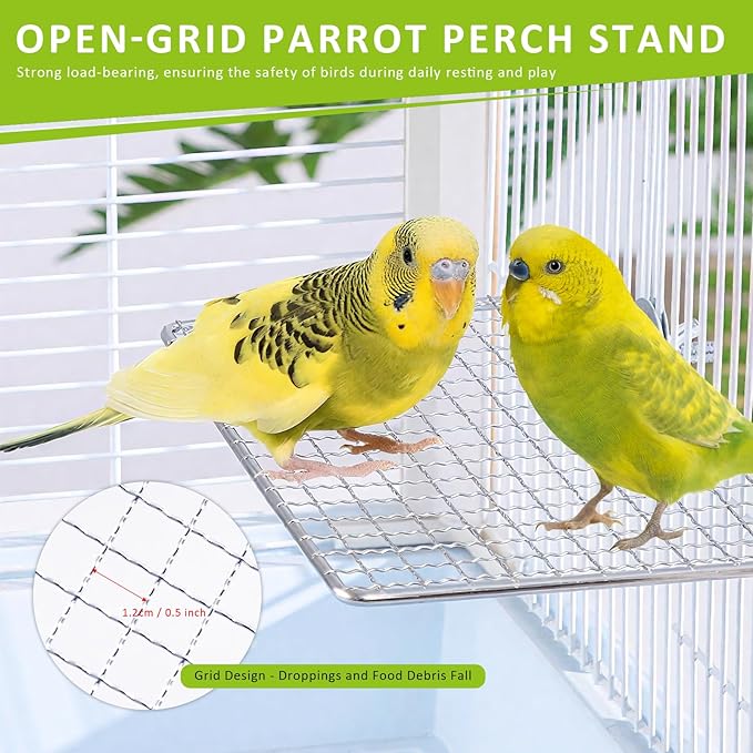 Stainless Steel Bird Perch for Cage, Open-Grid Easy Clean Parrot Perch Stand Platform, Claw-Friendly Grip Bird Cage Accessories for Cockatiel, Conure, Budgie, Parakeet, Small Medium Birds
