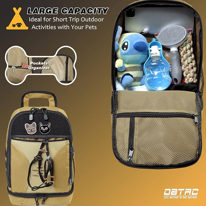DBTAC Tactical Pet Backpack for Small Dogs & Cats - Compact Travel Bag with Insulated Pocket & 1x Detachable Food Container Included | Outdoor Hiking, Road Trip, Airplane Approved (Brown)