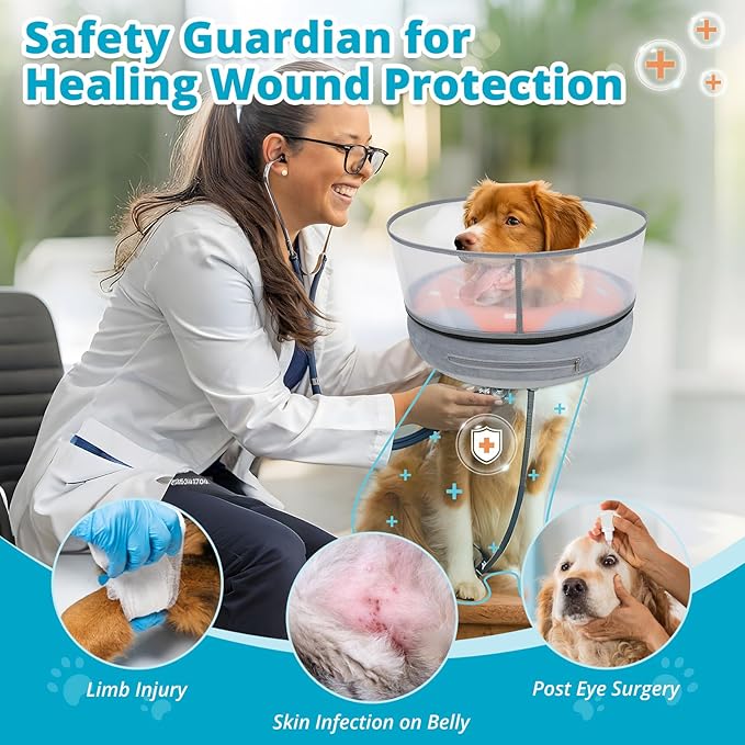 Inflatable Dog Cone with Transparent Shield, Protective Dog Donut Collar After Surgery to Stop Licking, Soft Donut Cone for Medium Plus Pets, Adjustable Recovery Collar with Buckle Visibility