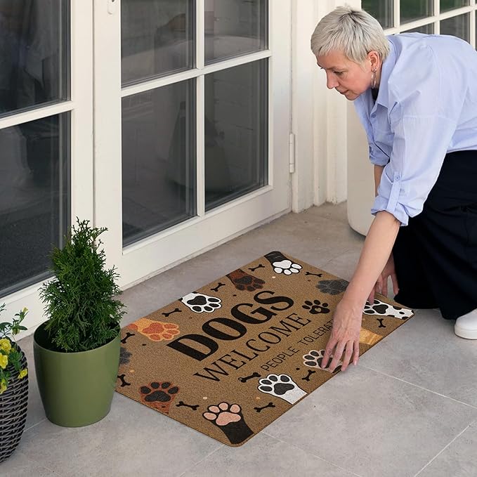 Dogs Welcome People Tolerated Door Mat, Cute Dog Paws Print Artificial Coir Front Door Mat Indoor Outdoor Entrance, Funny Dog Paw Welcome Doormat Rug for Porch Entryway Patio Decor, 17X30 Inch